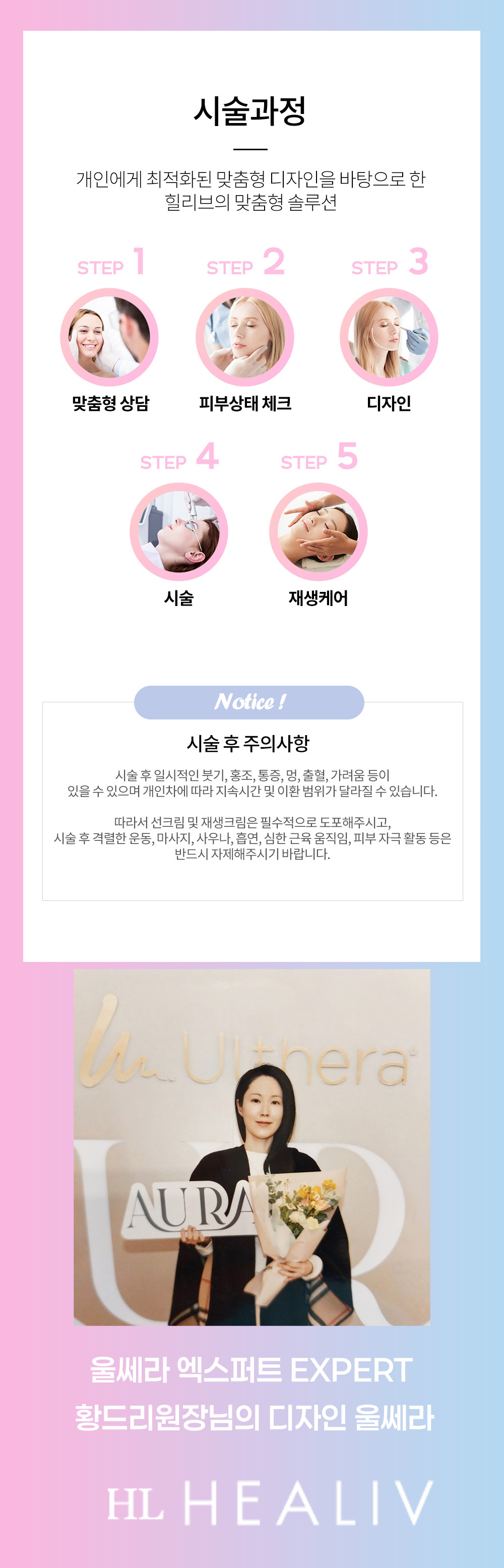 울쎼라VL리프팅 시술과정. 맞춤형 상담-피부상태 체크-디자인-시술-재생케어